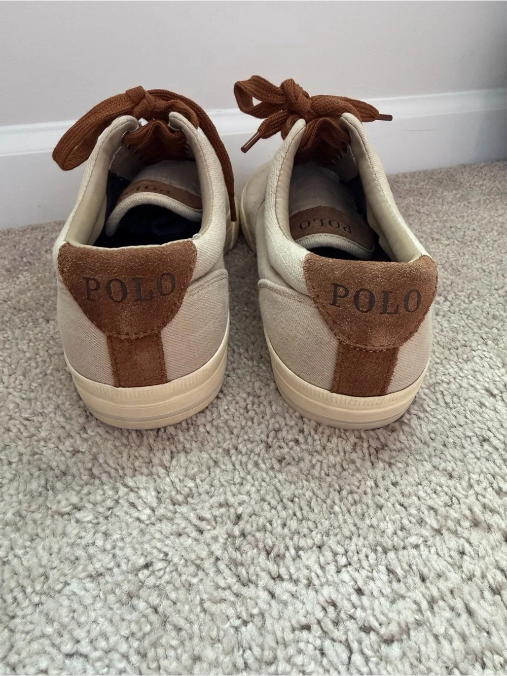 Polo by Ralph Lauren Men’s Beige Canvas Sneakers with Brown Laces and Navy Pony